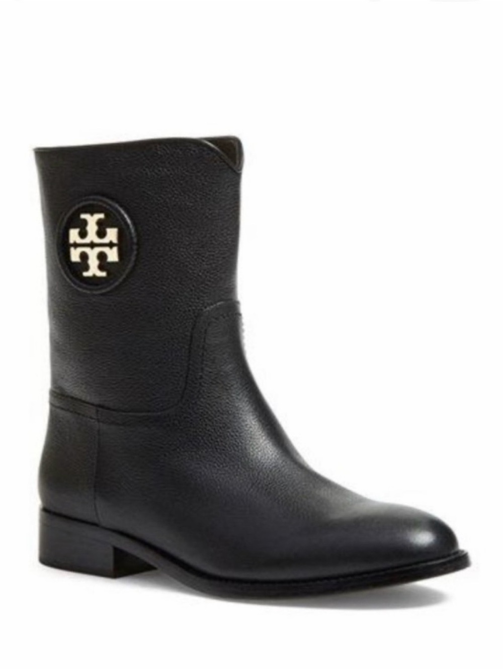 GUC Tory Burch Hallie Black Leather Mid-Calf Logo Boot with Gold Emblem Size 9